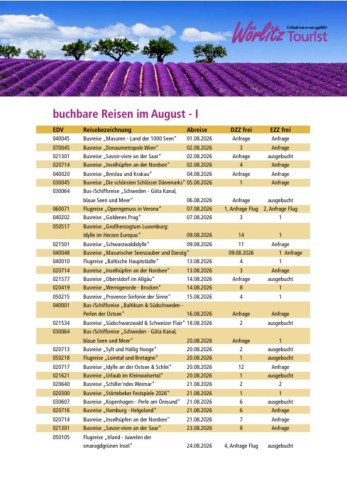 Buchbare Reisen für August 2026