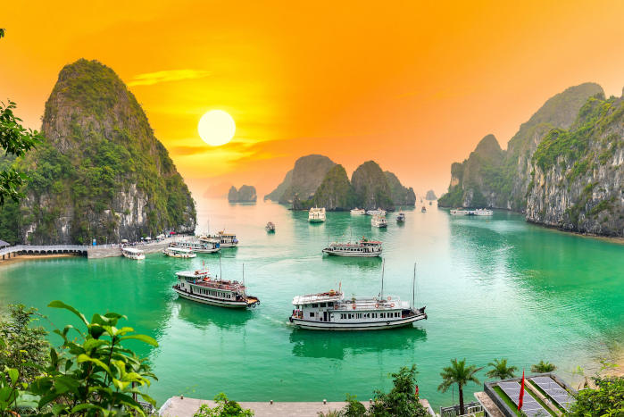 Dreamy sunset landscape Halong Bay, Vietnam view from adove. Thi