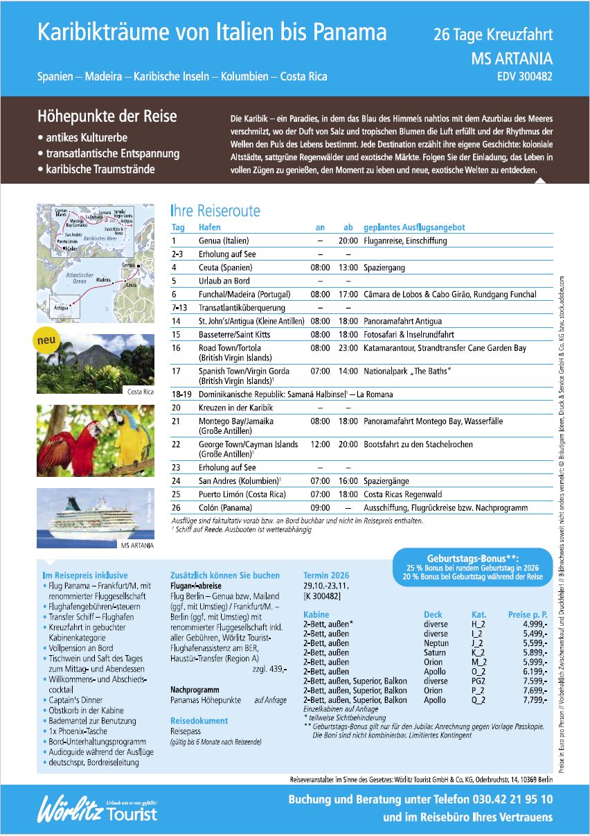 Karibikkreuzfahrt 26 Tage