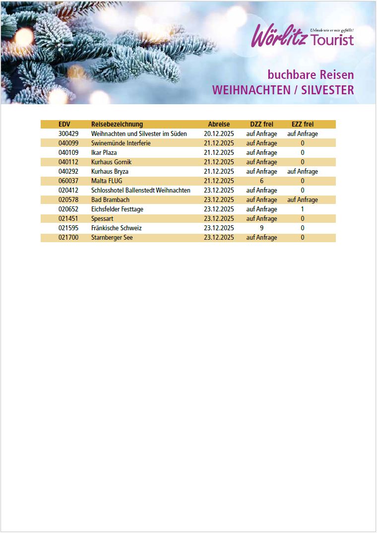 Vakanz Weihnachten-Silvester Stand 01.12.2025