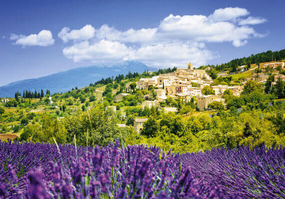 Provence Reisen. Lavendelfeld in der Provence, Frankreich, mit malerischem Dorf auf einem Hügel und dem Mont Ventoux im Hintergrund unter blauem Himmel.
