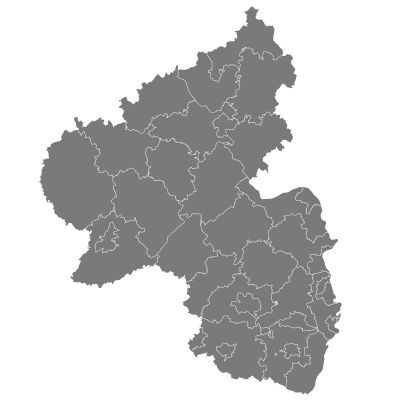 Eine Karte von Rheinland-Pfalz, die die geografischen Grenzen, Städte und Regionen des Bundeslandes zeigt.