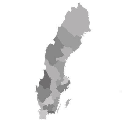 Karte von Schweden mit hervorgehobenen Regionen zwischen Lappland, Dalarna und Südschweden für Rundreisen und Urlaub in Skandinavien.