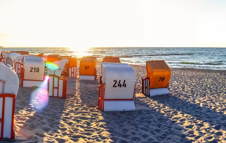 Strandkörbe am Strand von Zingst an der Ostsee, Deutschland 