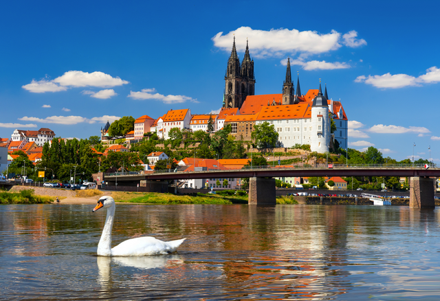 Awesome view on Albrechtsburg castle and cathedral on the river 