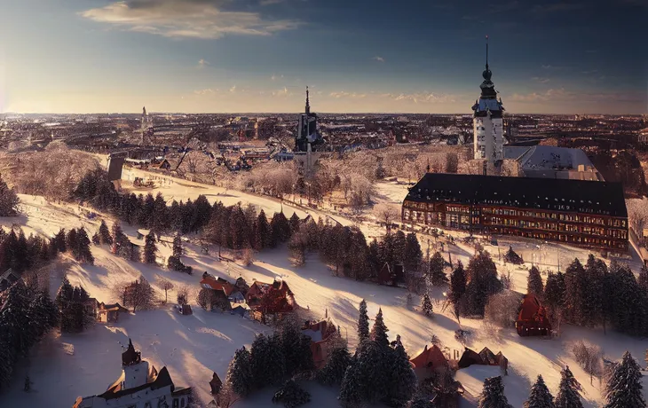 Winter im Wittelsbacher Park am Hotelturm in Augsburg. Generativ
