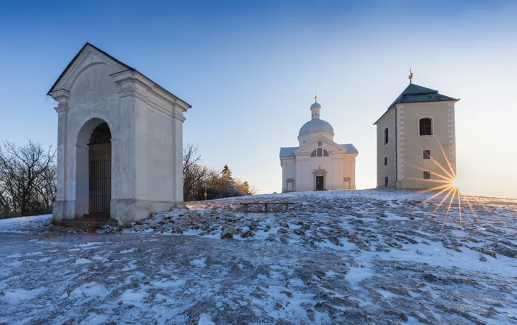 Stations of the Cross in Mikulov in the Breclav region near Brno, which leads to the Holy Hill, is one of the oldest Stations of the Cross in the Czech lands. A small  chapel in Beautiful winter day.