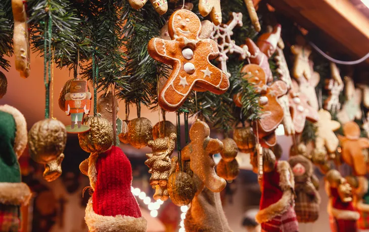 Christmas decorations at Christmas market stall in Berlin Germany