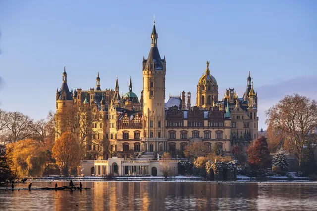Schweriner Schloss im Winter, Schweriner See mit Kormorane im Vordergrund