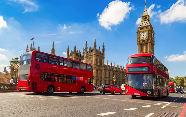 Big Ben, Westminster Bridge, red bus in London